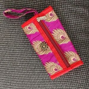 Handcrafted Elegant Indian Silk  Purple and Red Brocade Envelope Peacock Feather
